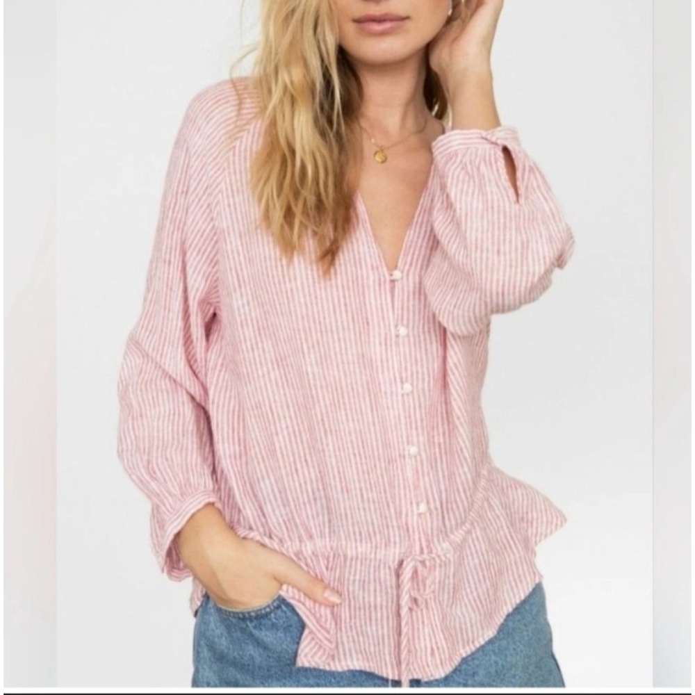 Rails Blouse Shirt! Medium Red White Striped Drawstring Linen Marti Scarlet